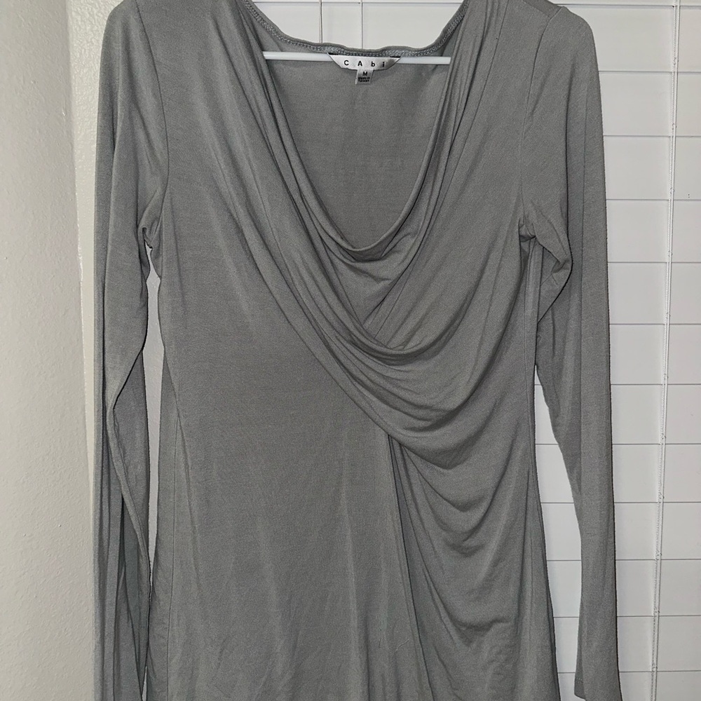 CAbi Gray Draped Blouse with Long Sleeves